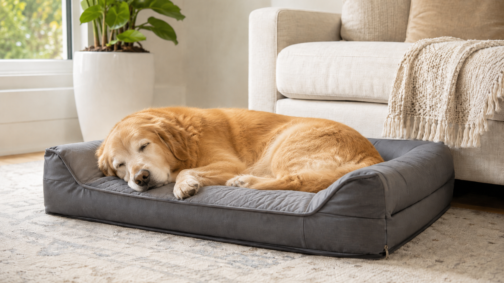 Senior dog resting comfortably on a grey orthopedic dog bed beside a couch