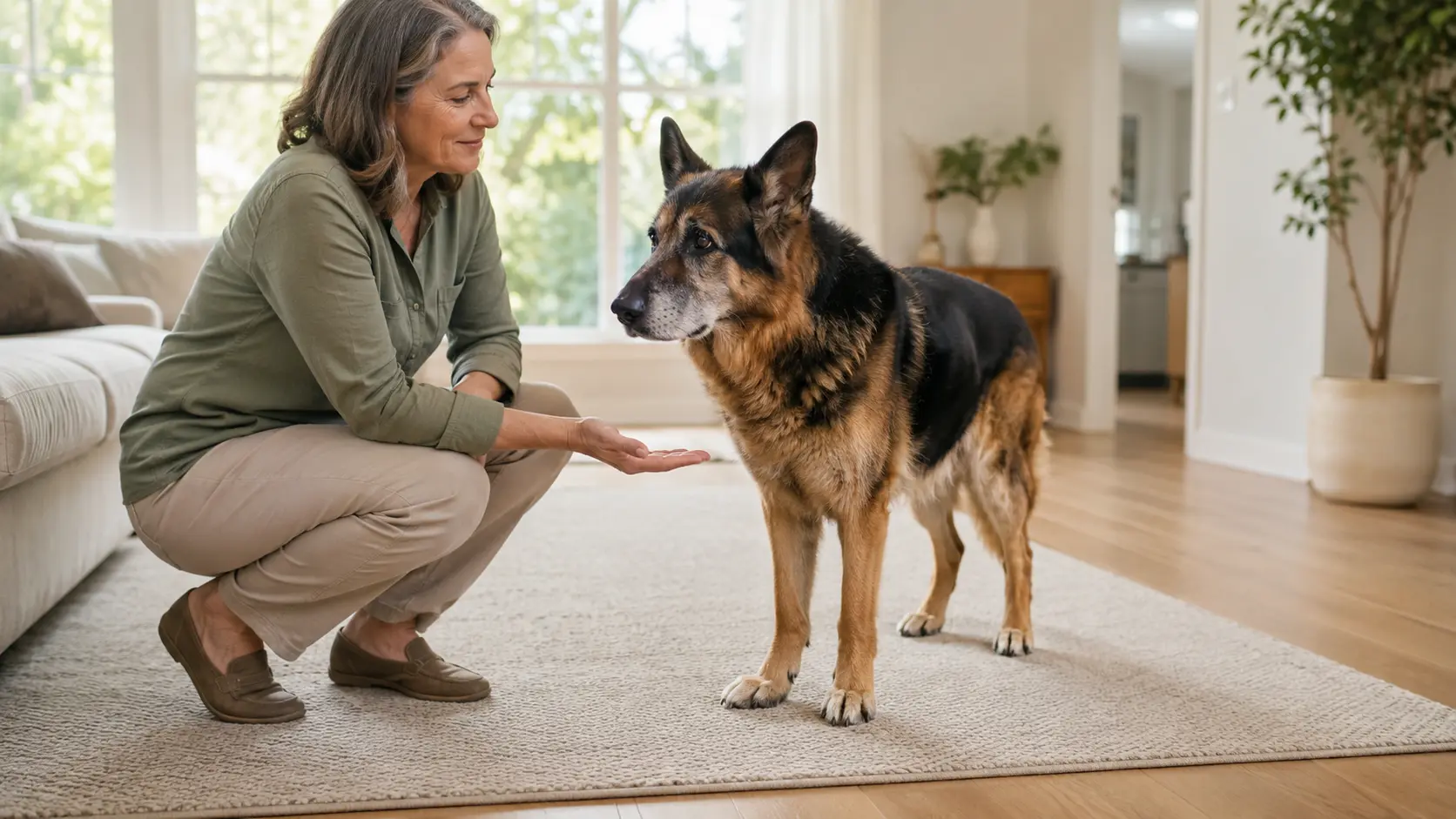 Senior German shepherd standing calmly beside its owner in an age-considerate home environment