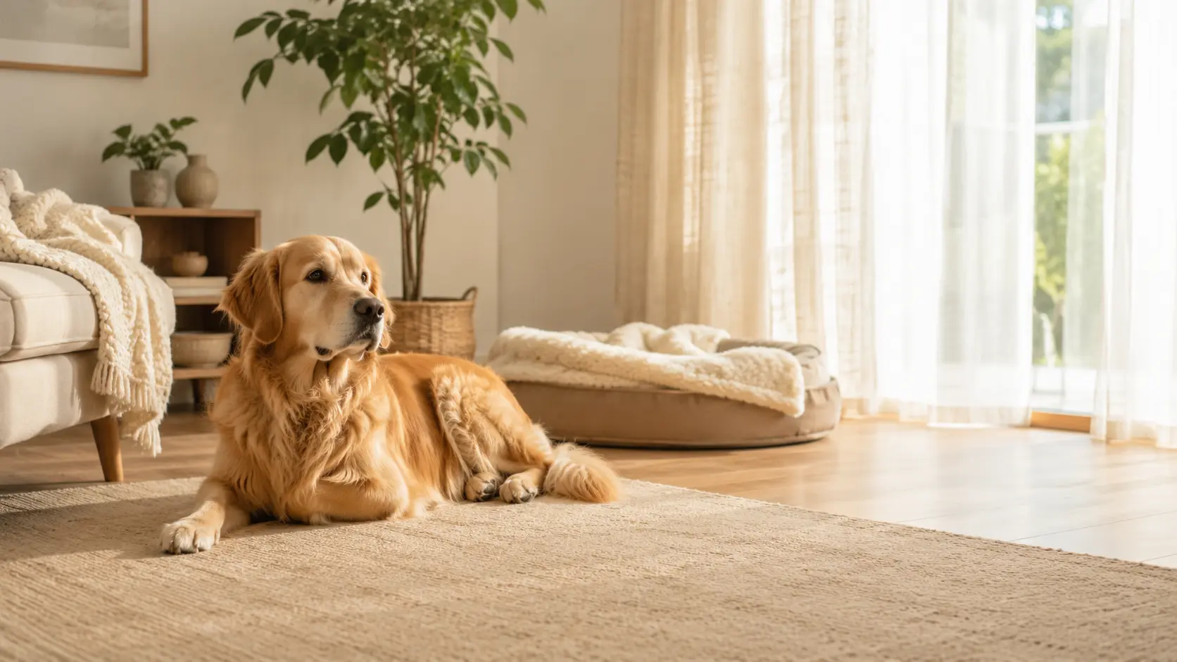Calm adult golden retriever resting in a peaceful dog-friendly living room