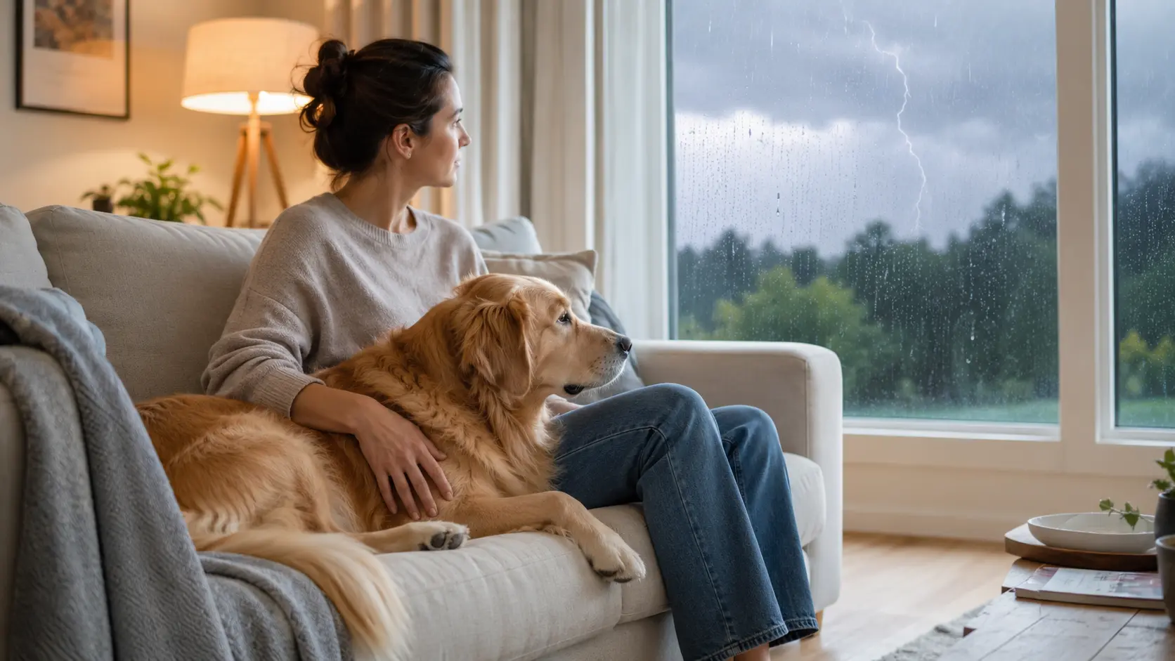 Golden retriever resting calmly beside its owner during a thunderstorm