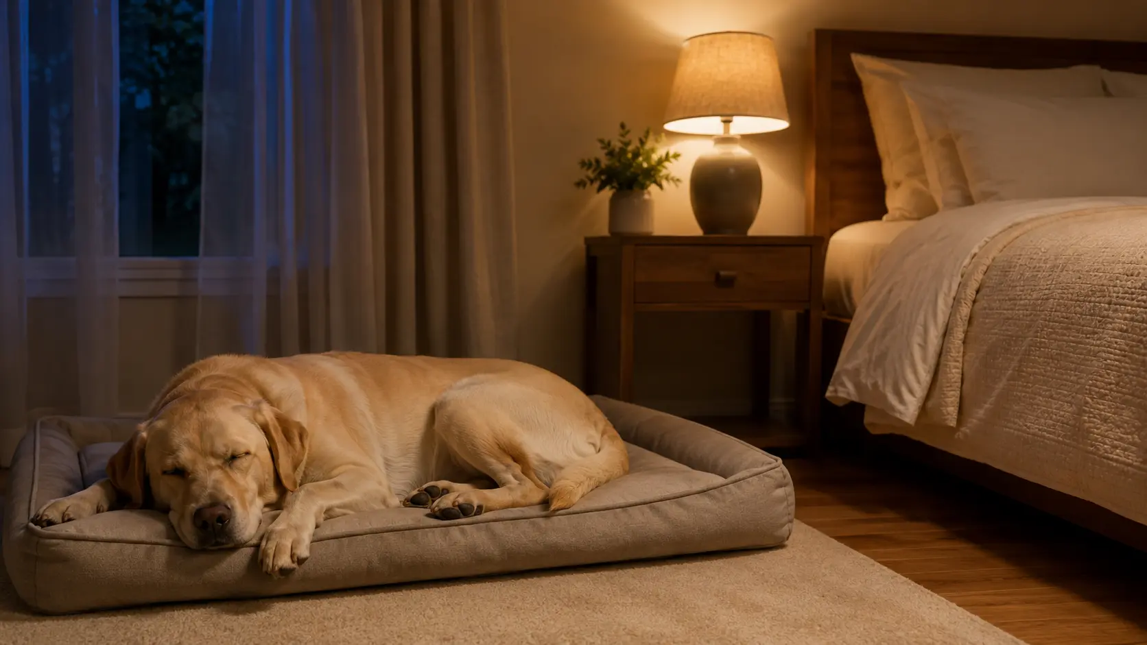 Light yellow Labrador retriever sleeping peacefully in a dedicated resting area beside a bed