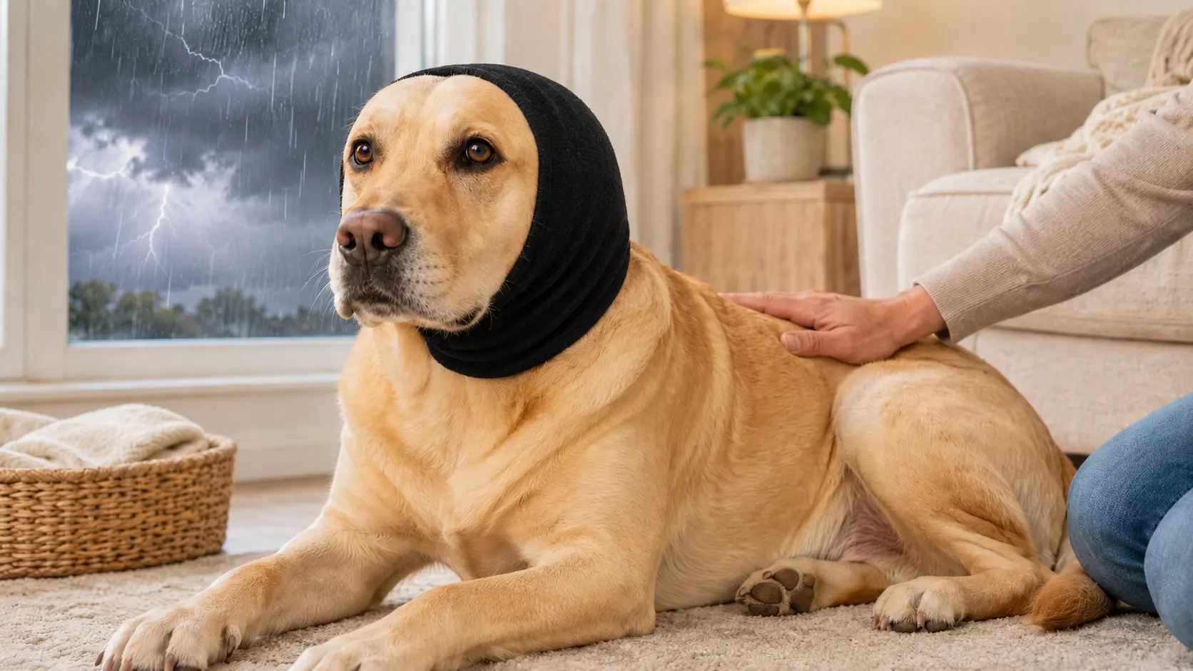 Golden retriever puppy wearing a Happy Hoodie while resting calmly during a thunderstorm