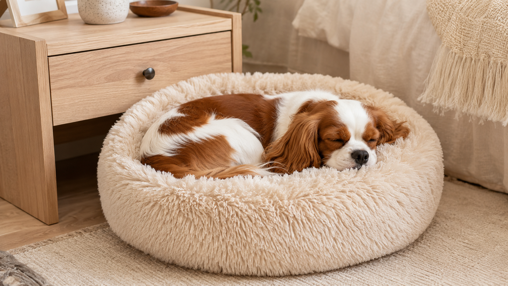 Small dog resting comfortably in a fluffy round calming donut bed