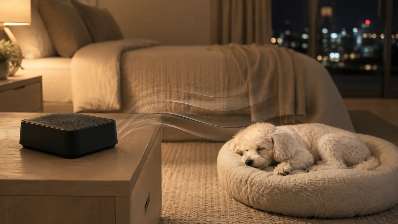 White noise machine beside a sleeping dog in a softly lit bedroom