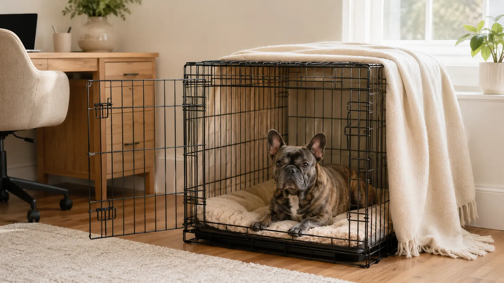 Calm adult dog resting on a plush mat inside an open double-door wire crate