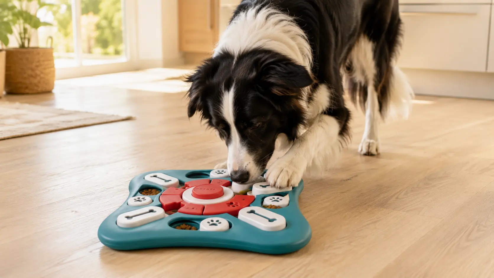 Dog using a colorful puzzle toy to find hidden food