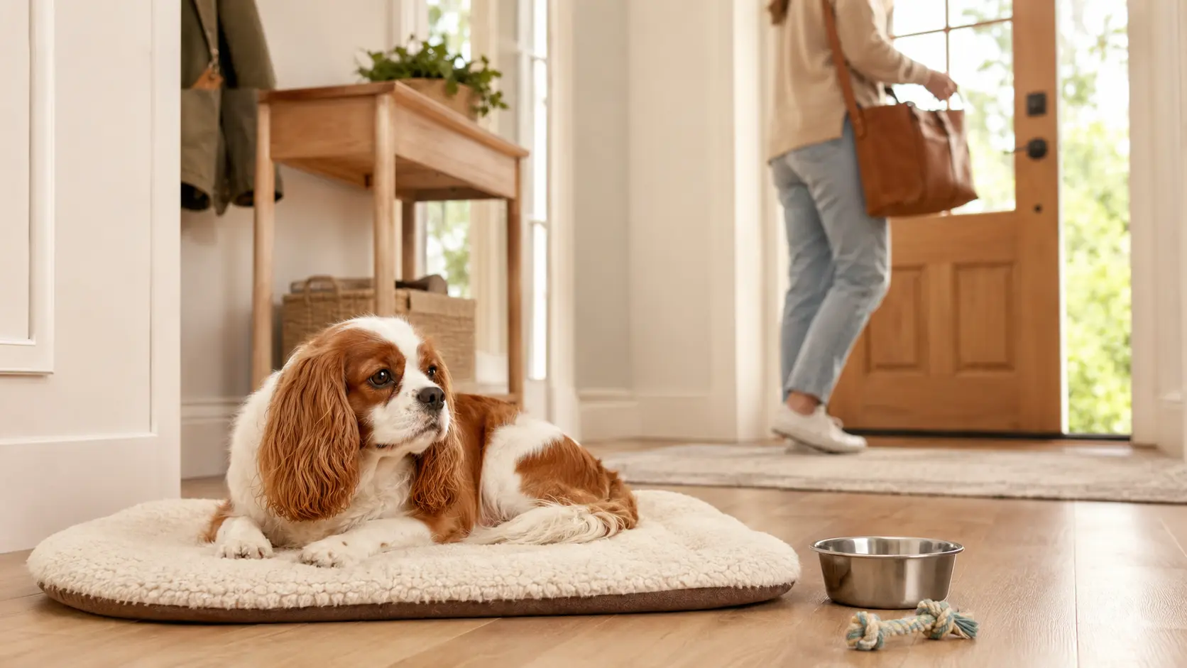Cavalier King Charles spaniel resting calmly in an entryway while its owner prepares to leave home