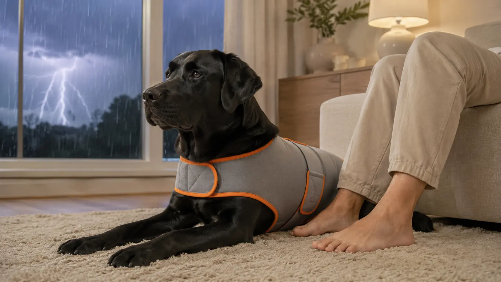 Dog wearing a grey ThunderShirt calming wrap while resting beside its owner during a thunderstorm
