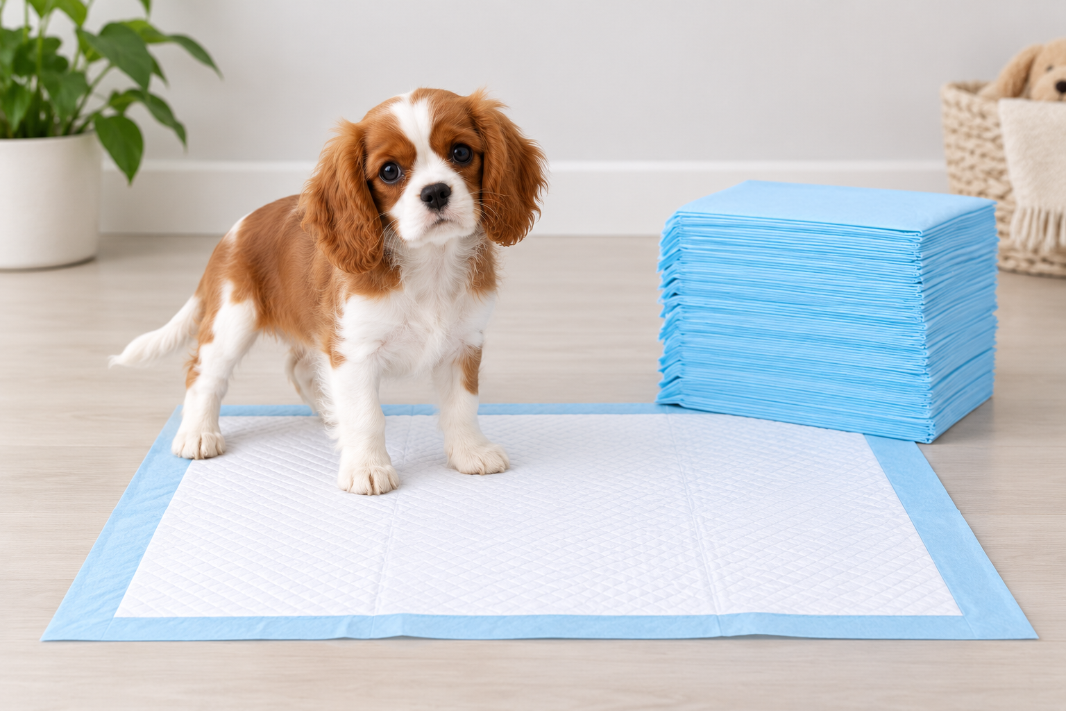 Puppy standing on an Amazon Basics leak-proof pee pad next to a stack of pads on a hardwood floor
