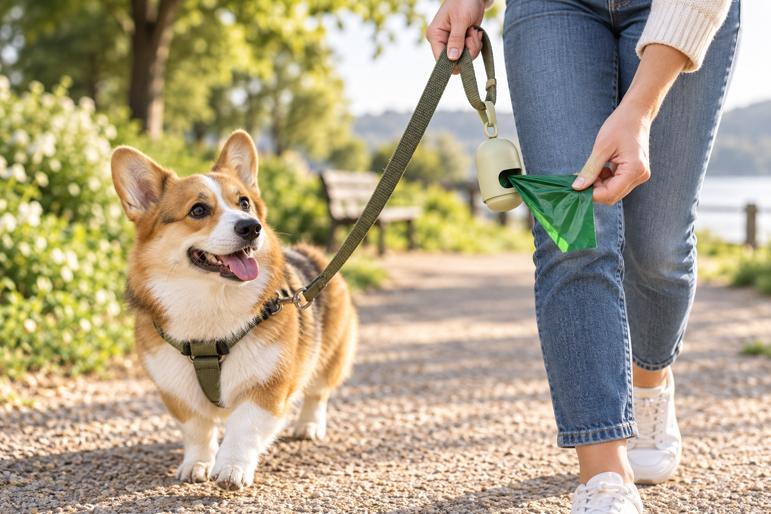 Corgi on a leash walk with a green waste bag being pulled from a leash-mounted dispenser