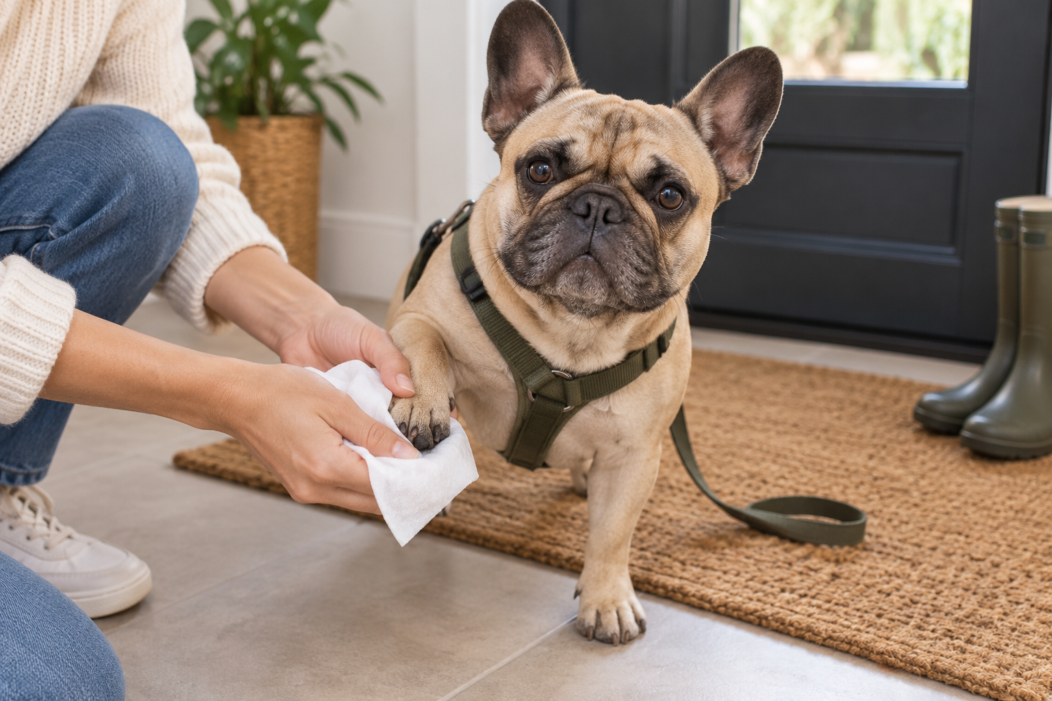 Owner wiping a French bulldog's paw with a wet wipe at the front door after a walk