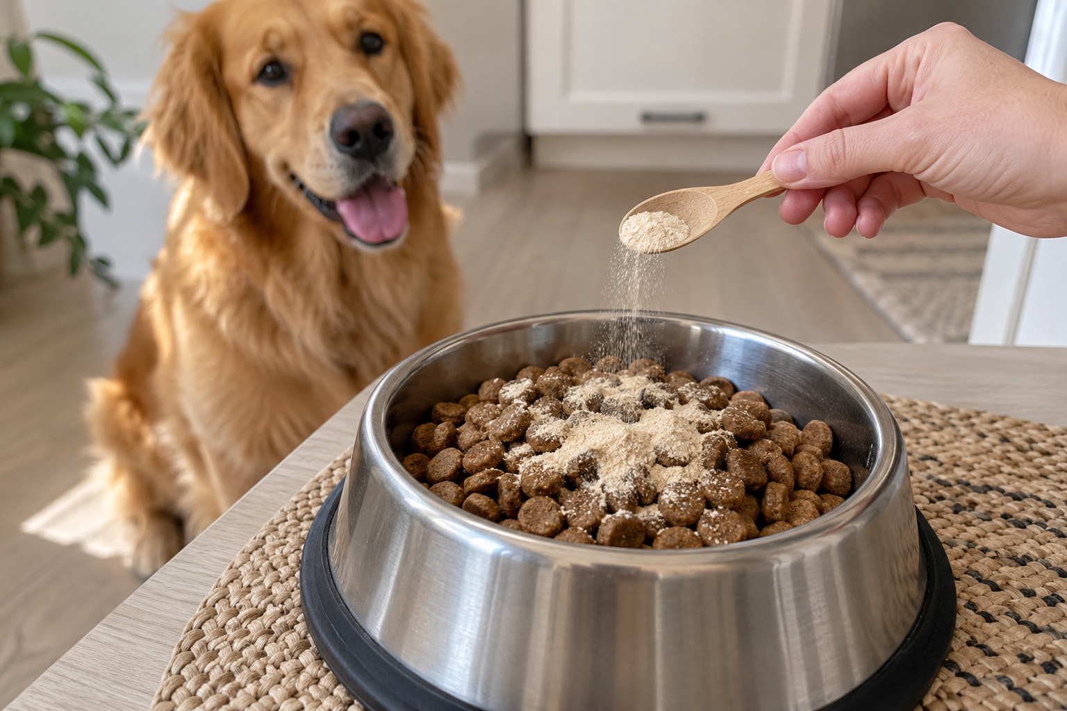 Probiotic powder being sprinkled from a spoon onto a bowl of kibble while a golden retriever watches