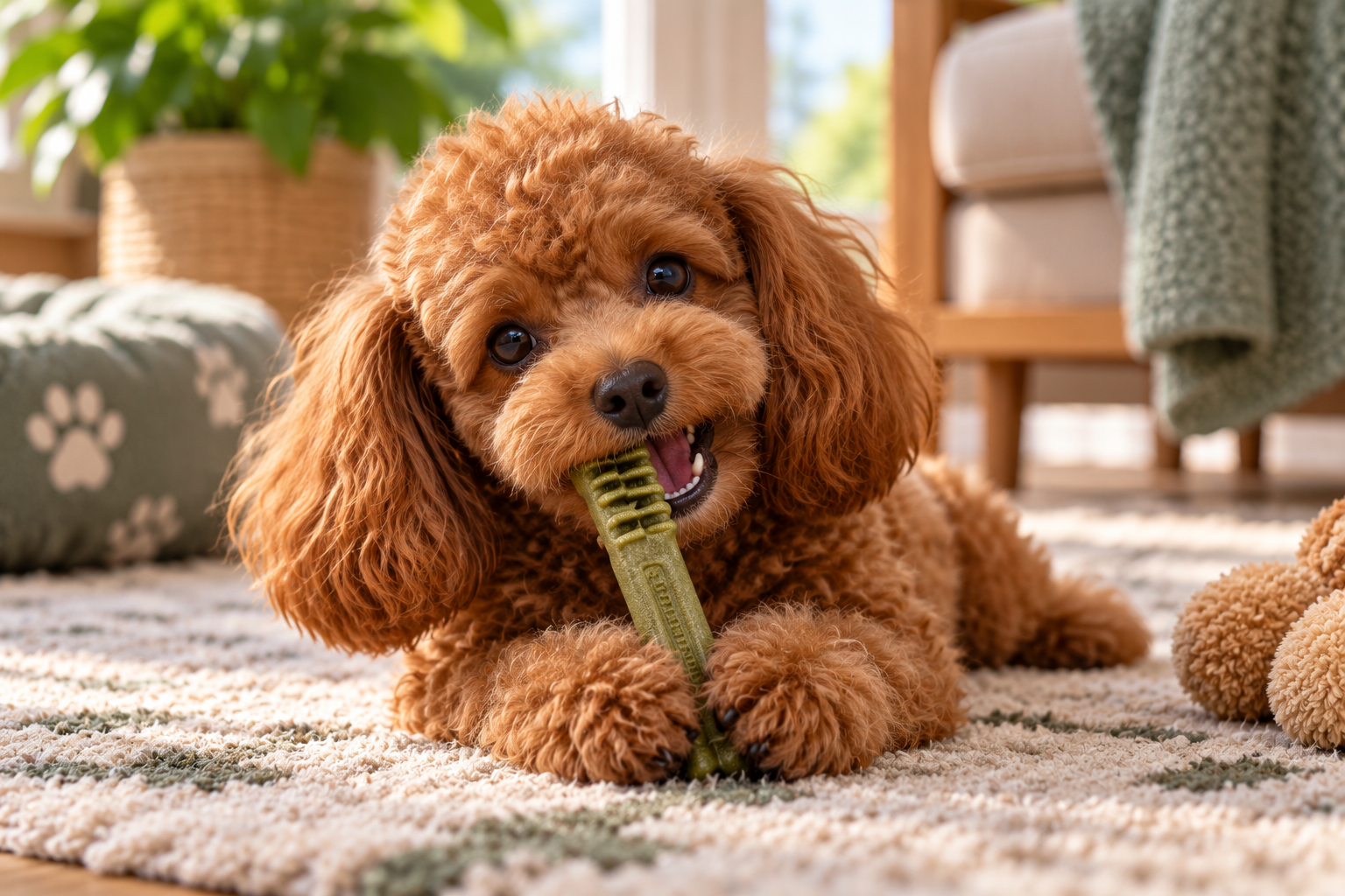 Small red toy poodle lying on a rug chewing a green dental treat