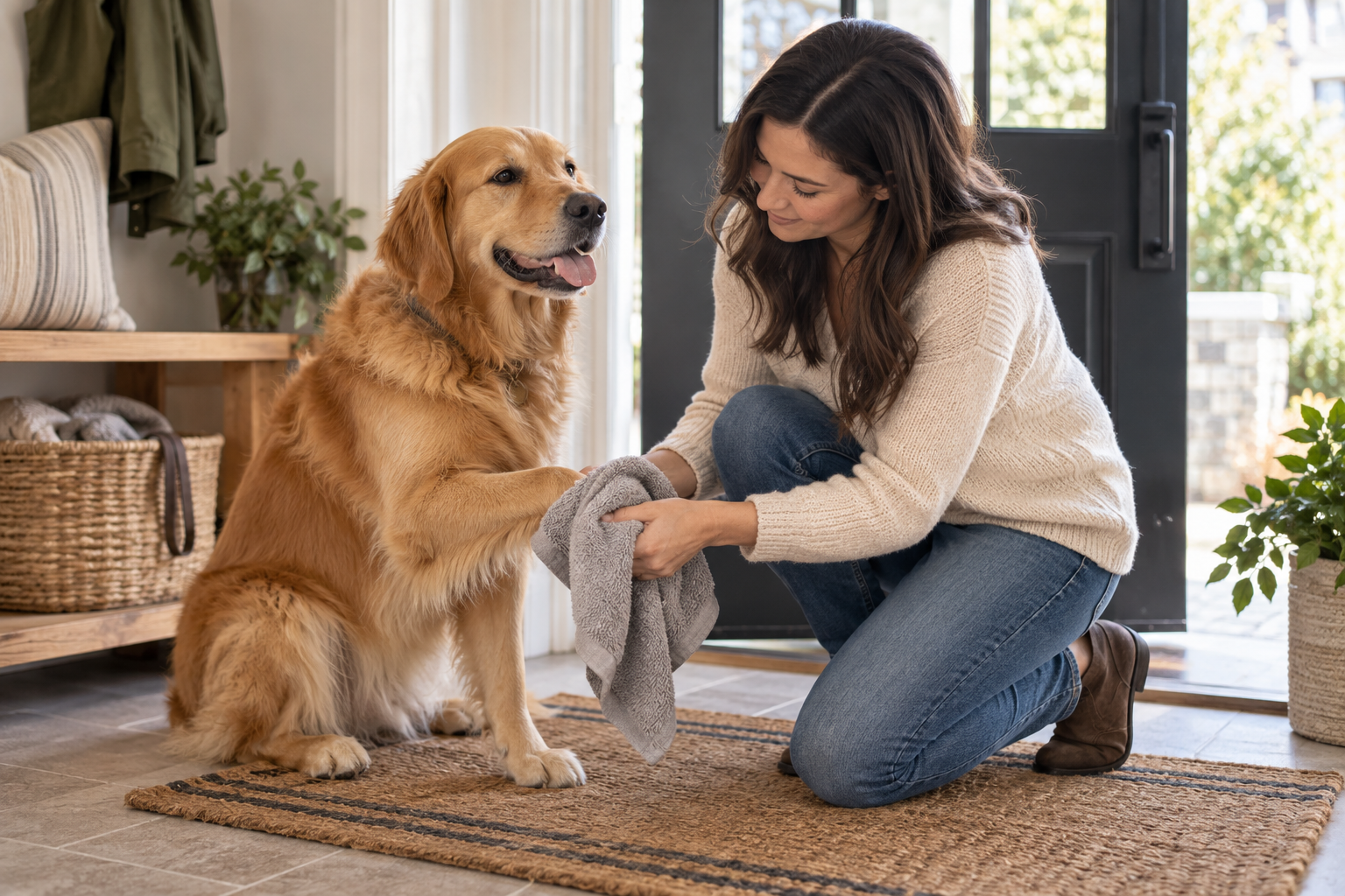 Woman kneeling to wipe a golden retriever's front paw with a towel at the open front door after a walk